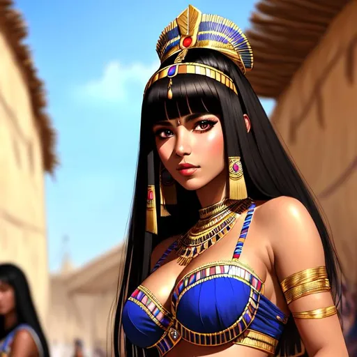 Prompt: cleopatra, 20 years old, dancing in a group in outdoor village, wearing tribal cueitl, parted bangs, black hair with highlights, brown eyes, ethereal, jewelry set balayage wild hair, royal vibe, highly detailed, digital painting, Trending on artstation ,tan skin, HD quality, Big Eyes,artgerm, by Ilya Kuvshinov 