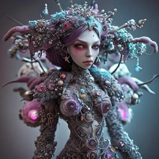 Prompt: needle-felted fantasy woman figure, intricate details, gems, beads, wire, swords, insane details, volumetric lighting