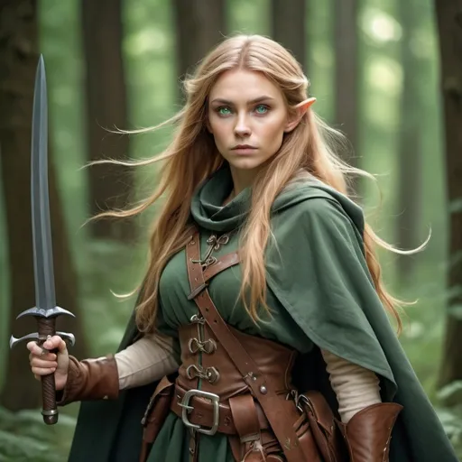 Prompt: female elf with long chestnut blonde hair, grey-green eyes. Fantasy western-style ranger wearing a cloak and forest-colored clothes, carries sharp weapons 