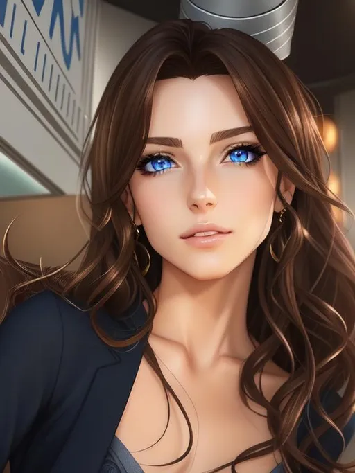 Prompt: semi-realistic anime girl, skin highlights, hair highlights, blue eyes, dark wavy brown hair, 
blushing, movie scene, adult researcher, glamour, looking at viewer, full lips,
wonderful face, very detailed face, extremely detailed face, highly detailed face, soft smile, happy,
perfect face, perfect eyes, perfect teeth, perfect body, perfect anatomy, beautiful body, trending on instagram, trending on tiktok, trending on artstation, trending on cgsociety, white sclera,
photorealistic, masterpiece, cinematic, 16k artistic photography, epic, drama, 
romance, glamour, beauty, 
cinematic lighting, dramatic lighting, insanely detailed, soft natural volumetric cinematic lighting, award-winning photography, rendering, hd, high definition, 
highly detailed, cleavage, 