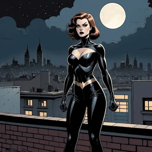 Prompt: dark colors, dramatic, graphic novel illustration,  2d shaded retro comic book, woman, super hero in a black outfit, standing on a rooftop at night, we see the city in the background