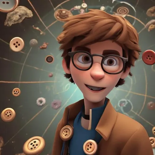 Prompt: A man with brown hair and glasses, he has lots of buttons on his jacket, dancing on the planet Pluto