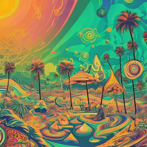 Prompt: psychedelic trippy beach side beach party using earth tone colours. use surreal abstract art style.

include beach side bar with dj and dance crowd

show the ocean




