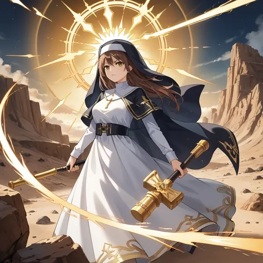 Prompt: (Nun), ethereal figure in a flowing (white dress), wielding a brilliant (golden hammer), radiating a mesmerizing (golden aura), surrounded by a celestial (halo), enveloped in stunning (golden sandstorm with rocks), set against a dramatic backdrop of soft clouds and heavenly light, in the desert, evoking a sense of divine inspiration, ultra-detailed, cinematic quality, illuminating the scene in a warm, glorious glow. Black capelet, gold trim, gold flower print, brown hair