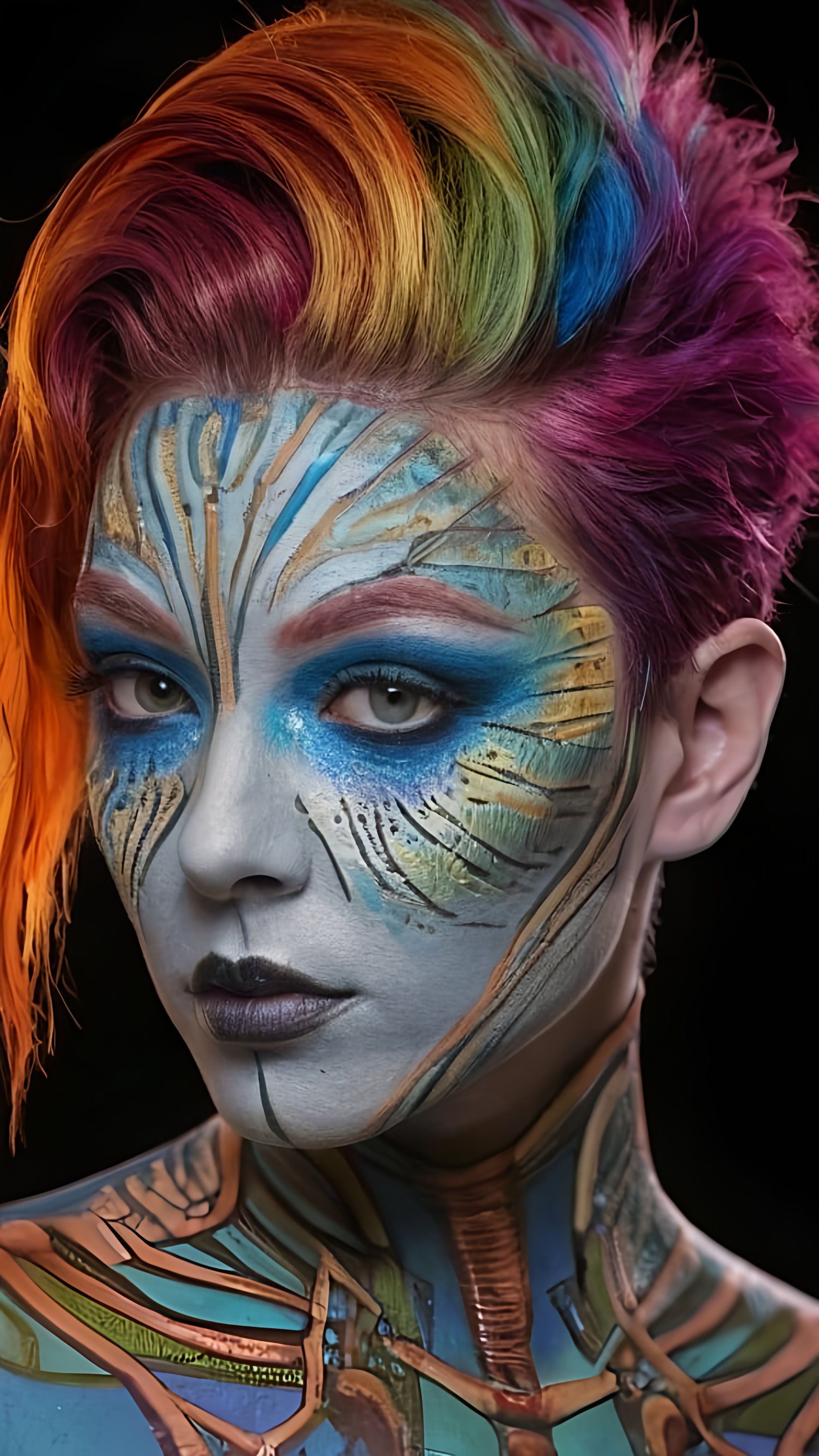 Prompt: a woman with colorful hair and makeup is posing for a photo with her face painted, affinity photo