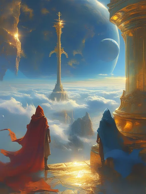 Prompt: Two hooded men standing on top of an ornate golden structure in the skies, overlooking a breathtaking view of Earth below, evoking a sense of adventure and mystery. Rich textures, warm golden tones contrast with the cool blues of the atmosphere, exploring fantastical elements. Style inspired by Christophe Vacher, with intricate details, glossy finish, and atmospheric depth, showcasing cinematic matte painting techniques, ultra-detailed and beautifully crafted.