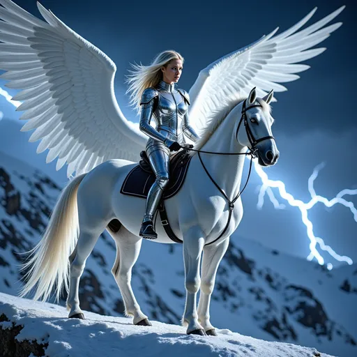Prompt: rowan is wearing intricate form fitting  silver reflective armor , a large intricate sword made of pure light.   eyes are bright blue light. her pale blonde hair is blowing wildly around her, she stands atop a snow covered mountain lightning fills the midnight sky. she sits on a white winged horse with glowing eyes