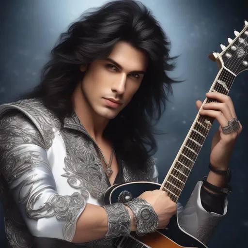 Prompt: exquisite, hyper-realistic, (magic:3), heavy metal guitarist,  dashing, handsome,