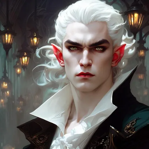 Prompt: Splash art portrait of male vampire, elf, androgynous, handsome, white haired man with short wavy white hair, {white eyebrows}, red eyes, victorian dark clothes, elegant, highly detailed, intricate, smooth, sharp focus, artstation, digital painting, concept art, art by greg rutkowski, alphonse mucha and John William Waterhouse