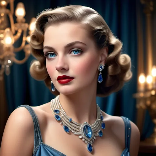 Prompt: Glamorously dressed lady of the 1940's, adorned with dazzling jewelry, captivating blue eyes, elegant evening gown featuring intricate designs, radiant accessories reflecting light, sophisticated pose conveying grace, soft vintage lighting enhancing the opulence, luxurious backdrop with rich textures, charming atmosphere of vintage elegance, ultra-detailed, photorealistic, high-definition masterpiece.