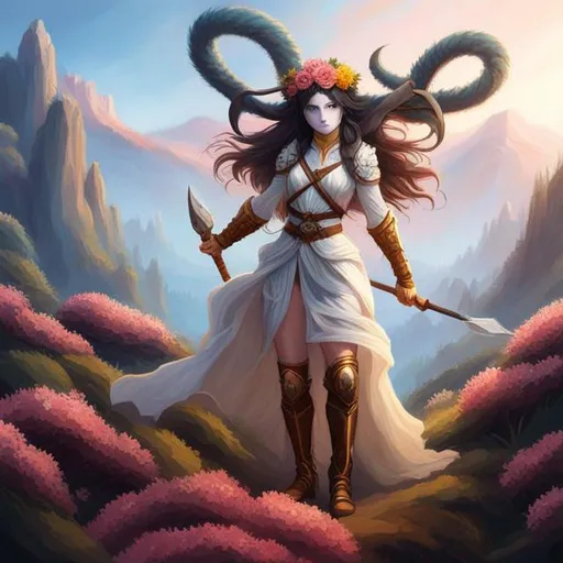 Prompt: (masterpiece, thick oil painting, Dungeons & Dragons, best quality), a satyr druid, wearing a flower wreath, wielding a spear, wearing a mask {white}, fingerless gloves. dynamic pose, digigrade. Standing on top of a mountain. background {red rocks, pink pine trees, sakura blossoms, sunflowers}. Perfect Anatomy, Perfect Horns {goat horns}, perfect hands.