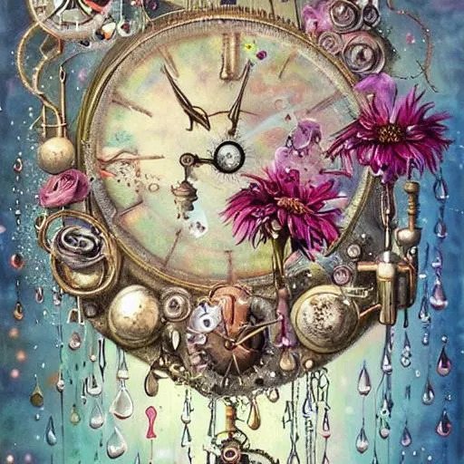 Prompt: realistic painted still life beautiful flowers by ambrosius bosschaet!!!!!, floating in the sky, cracked clock floating in sky, clock faces, iridescent water drops, crystal chandelier drops, glitter sparkles, symmetrical steampunk face, daniel merriam art, steampunk, muted colors, fairy wings, nicoletta ceccoli, daniel merriam art, jennifer healey art, fantasy art, renaissance gown, hyper realistic flower bouquet painting,  soft shadows, stunning, dreamy, elegant, perfect face, sparkles, Beautiful goddess, Haute Couture, princess dress, joseph karl steiler art, architecture illustrations 1800s, garden of roses and peonies background, ultra detailed, soft lighting, infinite depth, incredibly detailed, ultra realistic, high index of refraction, hyper realistic elegant smooth sharp clear edges, sharp focus, wide angle perspective, ultra realistic, sense of high spirits, volumetric lighting, occlusion, Unreal Engine 5 128K UHD Octane, fractal, pi, fBm