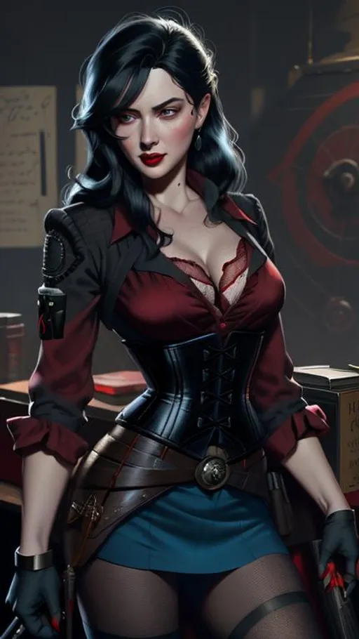 Prompt: "the femme fatale" (painting) by ((((style of Greg Rutkowski)))), digital painting, (gritty noir),  classic woman with long black hair, ((((blue eyes))) red lips, black, pencil skirt, black waist corset, red silk blouse, fishnet tights, set in a warmly lit private detective's office