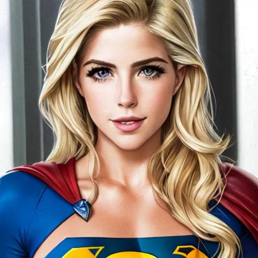 Prompt: cartoon drawing of emily bett rickards as supergirl