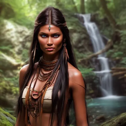 Prompt: professional modeling photo pocahontas as live action human woman hd hyper realistic beautiful native american warrior woman black hair brown skin brown eyes beautiful face native american dress and jewelry and weapons enchanting
forest hd background with live action realistic river and waterfall with weapons