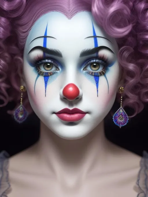 Prompt: beautiful clown, ,Sad clown, sad-eyed clown, tearful, dreamy, dreamy, perfect face, perfect eyes, perfect lips, perfect nose, intricate details, sharp focus, depth of field, volumetric lighting, fantasy majestic clothes, smooth soft skin, symmetrical face, soft lighting, detailed face, concept art, digital painting, ethereal, epic, 32k, intricate details, sharp focus, trending on artstation, kids story book style, muted colors, watercolor style