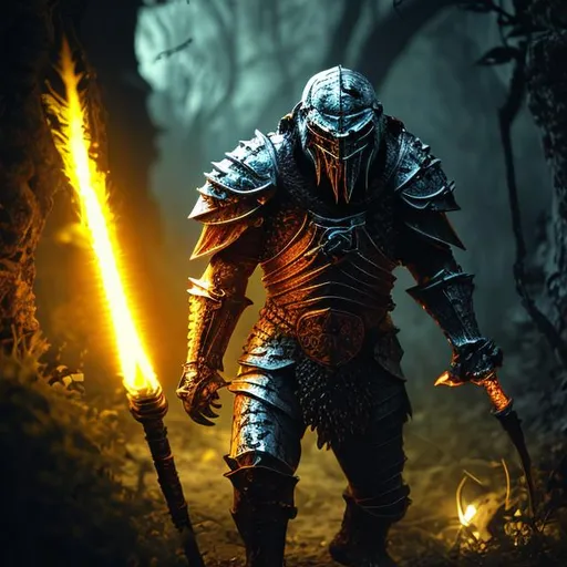 Prompt: lurking predator, glowing yellow eyes looking at a knight in armor walking with a torch, magic cave, cinematic, 3D, dark cave