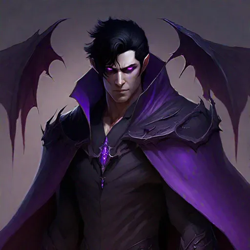 Prompt: Desmosin (male, black hair, purple eyes) wearing a cape, demon
