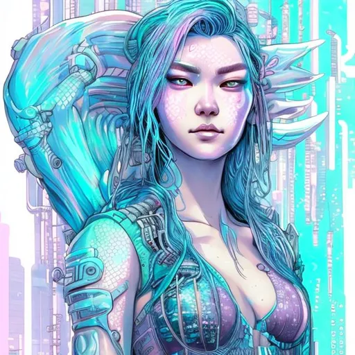 Prompt: cyberpunk mermaid pastel colors in the style of kim jung ji copic markers texture

