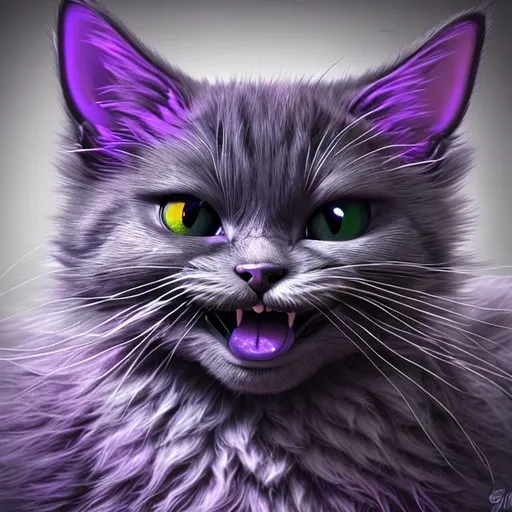 Prompt: Wicked cat smiling in purple and grey hyper detailed