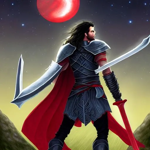 Prompt: A digital art Fantasy illustration of a man standing, hands on the pomel of a resting greatsword. His long, wavy hair is dark as the night sky and they are blown forth by the wind. The man is wearing a full plate armor with red cloak going from his shoulders
