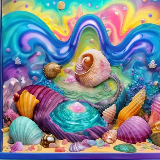 Prompt: Gem and seashell diorama in the style of Lisa frank