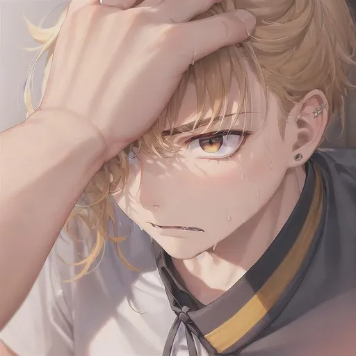 Prompt: school uniform, scowling, super detailed brown eyess, piercing, boy, dude, masculine boy, super detailed closeup portrait shot of a male, man, boy, school uniform, yelling, sweating, confused look, scowling, blonde hair, brown eyes, school uniform