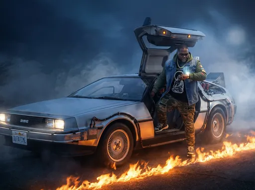 Prompt: A cinematic illustration of a @Y4jCi3I8aVpirrbHMKyh stepping out of a futuristic car with gull-wing doors, lifting his wrist to check a glowing digital watch. He wears a green quilted hoodie under a blue denim vest, a black t-shirt with a baby image and the word "notorious", and a thick gold chain necklace. His expression is urgent. Dramatic lighting with warm orange glow from the ground and cool blue tones from the sky. Mist surrounds the car. The camera should be at a low-angle, front-three-quarter shot from the drivers side. The pose, composition, and lighting should match the Back to the Future movie poster exactly. No cartoon images. Keep it as photo realistic as possible. Use the reference image as a guide. 