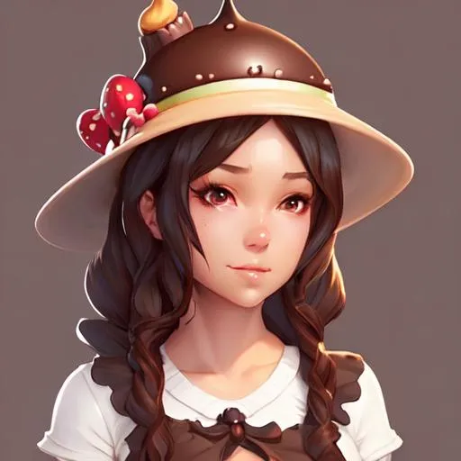 Prompt: personification of chocolate cupcake, cute hats, gorgeous female,, unreal engine, highly detailed, digital illustration by artgerm, tooth wu, studio ghibli, deviantart, sharp focus, artstation, bakery by greg rutkowsky, sweetes