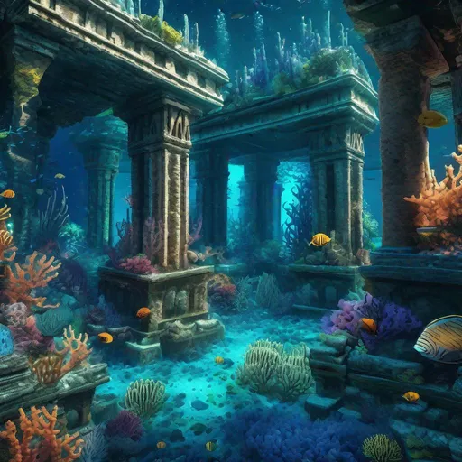 Prompt: "Insanely detailed illustration of ancient majestic underwater city ruins surrounded by colorful bioluminescent marine creatures and corals, photorealistic, masterpiece, 8k resolution, Unreal Engine 5, volumetric lighting, gorgeous, hyperdetailed, intricately detailed, hyperrealism, fantasy concept art, 64 megapixels, sharp focus, ultra high quality, sharp details,"