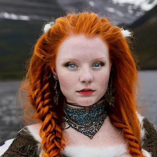Prompt: masterpiece intricate hyperdetailed elaborate Norwegian young redhead woman, snowy, icy, Nordic, Viking, fjord-filled, legendary, historic, pretty, young, beautiful, charming, graceful, lovely, cute, attractive, elegant, stunning, radiant, aurora borealis, northern lights