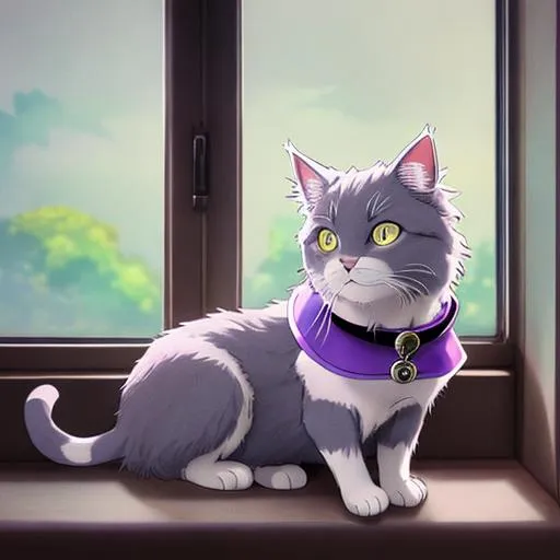 Prompt: Studio ghibli anime style, vivid colours, HDR, gray haired cat named luna , relaxing by the window, wearing small purple collar