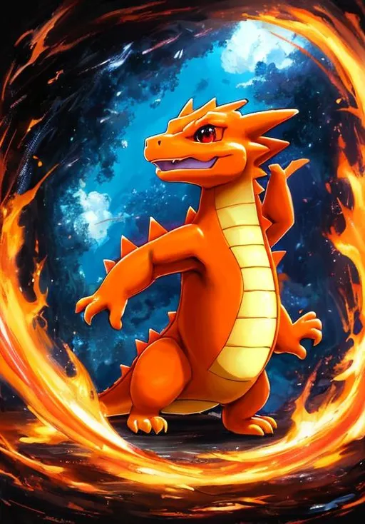 Prompt: UHD, , 8k,  oil painting, Anime,  Very detailed, zoomed out view of character, HD, High Quality, Anime, Pokemon, Pack of Charmander, dragon-like, Charmander is a small bipedal, reptilian Pokémon with a primarily orange body and blue eyes. Its underside from the chest down and the soles of its feet are cream-colored. It has two small fangs visible in its upper jaw and two smaller fangs in its lower jaw. A fire burns at the tip of this Pokémon's slender tail and has blazed there since Charmander's birth. The flame can be used as an indication of Charmander's health and mood, burning brightly when the Pokémon is strong, weakly when it is exhausted, wavering when it is happy, and blazing when it is enraged. It is said that Charmander would die if its flame were to go out. However, if the Pokémon is healthy, the flame will continue to burn even if it gets a bit wet and is said to steam in the rain.

Charmander can be found in hot, mountainous areas. However, it is found far more often in the ownership of Trainers. As shown in Pokémon Snap and New Pokémon Snap, Charmander exhibits pack behavior, calling others of its species if it finds food, and watching the flames on each other's tails to ensure they don't go out.

Pokémon by Frank Frazetta