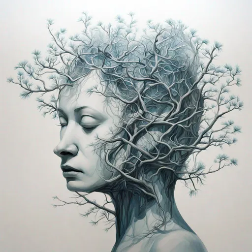 Prompt: arboreal, The artworks predominantly embrace the watercolor medium. A prevalent mood observed is "brooding" with influences of artists such as Leiji Matsumoto and Scarlett Hooft Graafland. The color palette is characterized by light white, cyan, and silver tones. Specific features emphasized are detailed facial characteristics, especially distinctive noses. Brushwork is frequently described as flowing, but there are also mentions of sharp and detailed brush techniques. A fusion of traditional methods and contemporary influences can be observed, as traditional oil-painting techniques merge with bold manga lines. Notable stylistic inspirations also include Larme Kei and Yasuhiro Nightow. 