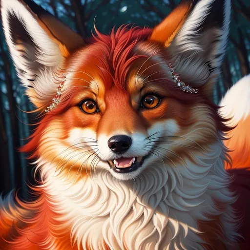Prompt: (8k, masterpiece, oil painting, professional, UHD character, UHD background) painting of Vixey, Fox and Hound, close up, mid close up, brilliant glistening red fur, furry red cheeks, brilliant amber eyes, big sharp 8k eyes, sweetly peacefully smiling, detailed smiling face, (extremely beautiful:3), (open mouth, uv face, uwu face),  alert, curious, surprised, cute fangs, complementary colors, extremely detailed eyes and face, enchanted snowy garden, vibrant flowers, enchanted ((pink sakura trees)), sakura blossoms, vivid colors, lively colors, vibrant, fluffy fur, fluffy chest, high saturation colors, flower wreath, detailed smiling face, highly detailed fur, highly detailed eyes, highly detailed defined face, highly detailed defined furry legs, highly detailed background, full body focus, UHD, HDR, highly detailed, golden ratio, perfect composition, symmetric, 64k, Kentaro Miura, Yuino Chiri, intricate detail, intricately detailed face, intricate facial detail, highly detailed fur, intricately detailed mouth
