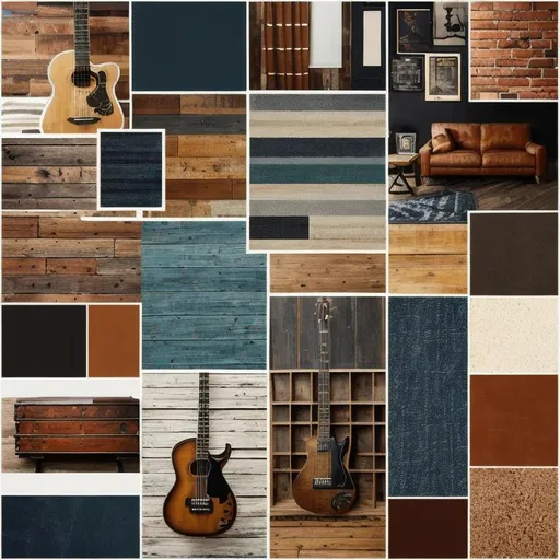 Prompt: Create a masculine and rugged Nashville-themed mood board with natural textures like brick, wood, and leather, featuring a dark color palette of denim blues, dark leathers, woods, and greens, with hints of burnt orange and golden undertones, incorporating typography inspired by Nashville's nightlife, along with silhouettes of guitars and sheet music, drawing inspiration from mood boards found on Behance, and including nature elements such as a skyline or horizon, or an image within a picture frame."