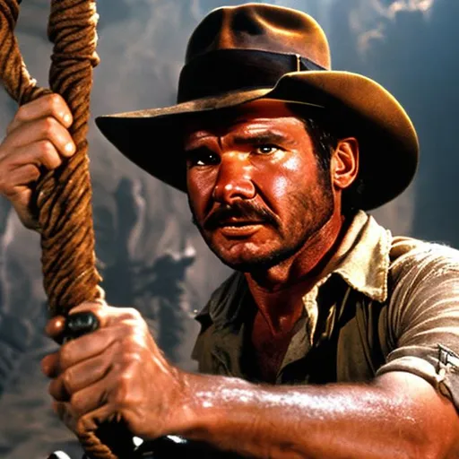 Prompt: indiana jones with a thick 70s style mustache holding a whip played by harrison ford with a thick mustache.