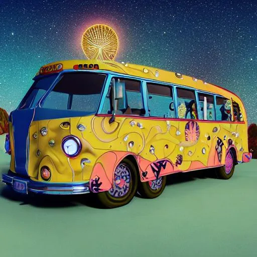 Prompt: illustration of an old hippy house bus, hypnotic, pop art, pop surrealism, dark glow golden, mystical, Behance, 4k, 8k, UHD, professional, studio lighting, unreal engine, vivid colours, bokeh, vibrant