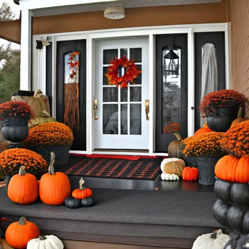 Prompt: Create a black and red fall themed porch with lots of decor 