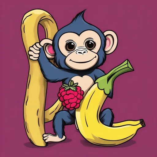 Prompt: missgevious monkey comic holding a banana and a rasberry, 