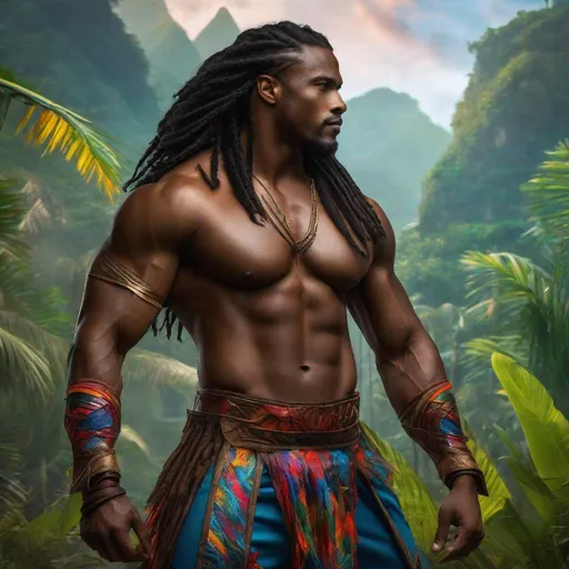 Prompt: Handsome black latino Caribbean man, long flowing hair twists, sensual Caribbean-inspired battle suit, beefy thick muscular body, battle stance, vibrant colors, hyperrealistic, fantasy jungle background