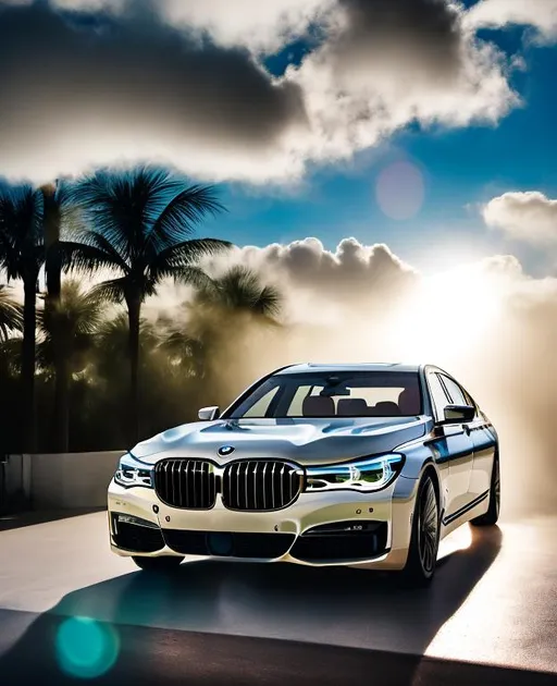 Prompt: Sunshine through cloud onto the bmw 7 series car, happy, wax painting, fashion, beautiful, feel good, driving, Miami

