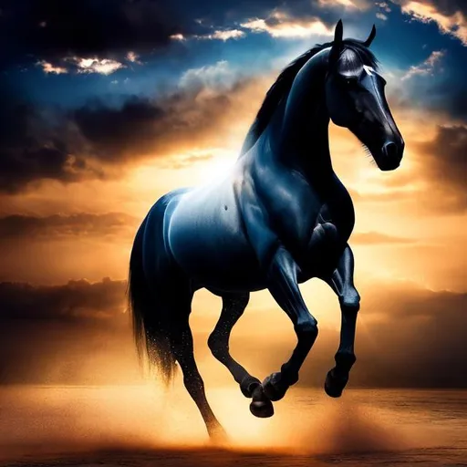 Prompt: Graceful Strength - Witness the mesmerizing beauty of a majestic ((black horse)) skies. Lighting: Golden hour radiance blending with the blue hues. Mood: Regal and serene.