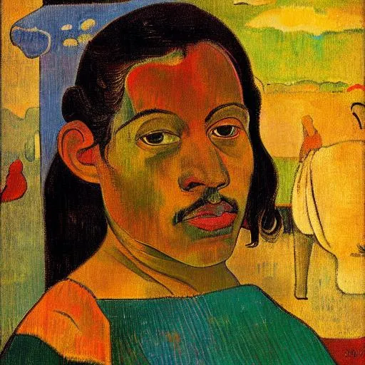 Prompt: Self portrait in the style of gauguin
