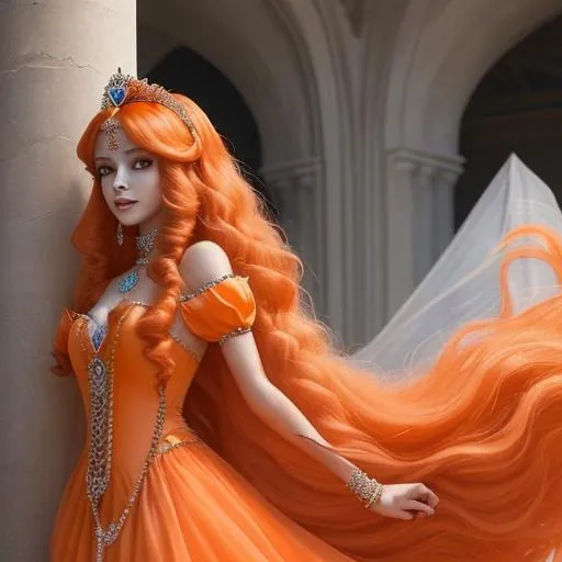 Prompt: princess of dimonds and rubi with a long voile behind her with orange long hairs  hairs  buetiful  dress princess of rubi dimonds