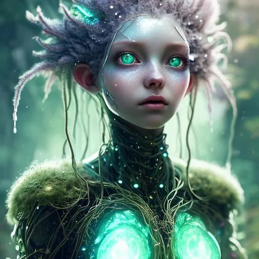 Prompt:  Female,moss hair,soft lighting,concept art, digital,feminine 
Earthy,hyperrealistic, futuristic, technology,technology, robotic,fantasy,texture,mystical,ethereal,shiny,watery, green eyes, galaxy, humanoid,kawaii, dripping, superhero,glowing,pearlescent,leather outfit,metallic,wire dreadlocks,crystalline,stones,sparkling, disco ball, space warrior,viking