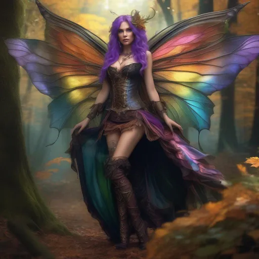 Prompt: Epic. Cinematic. Shes a (colorful), Steam Punk, gothic, witch. spectacular, Winged fairy, with a skimpy, (colorful), gossamer, flowing outfit, standing in a forest by a village. ((Wide angle)). Detailed Illustration. 8k.  Full body in shot. Hyper real painting. Photo real. A (beautiful), shapely, woman with, (anatomically real hands), and (vivid) colorful, bright eyes. A (pristine) Halloween night. (Concept style art). 