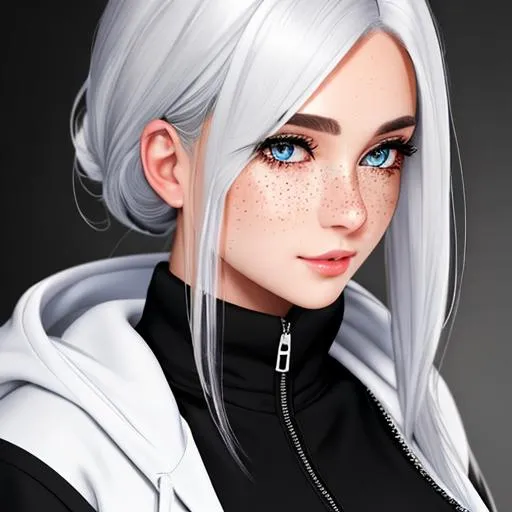 Prompt: oil painting, , UHD, 8K, Very Detailed, detailed face, full body character visible, short black top and tennis skirt being covered by an uzipped hoodie, she has a full body of freckles and silvery white hair
