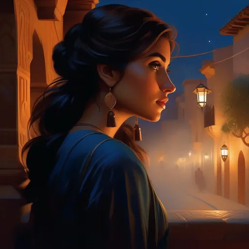 Prompt: Third person, gameplay, Andaluzian girl, olive skin, brown hair, brown eyes, 2020s, Alhambra at night, foggy, blue atmosphere, cartoony style, extremely detailed painting by Greg Rutkowski and by Henry Justice Ford and by Steve Henderson 
