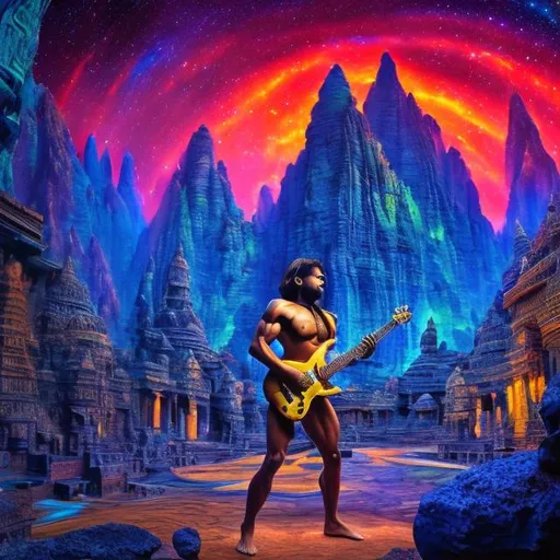 Prompt: wide view of a lazurite bodybuilding shiva playing guitars at an exotic temple, tropical jungle background, galaxy sky, infinity vanishing point